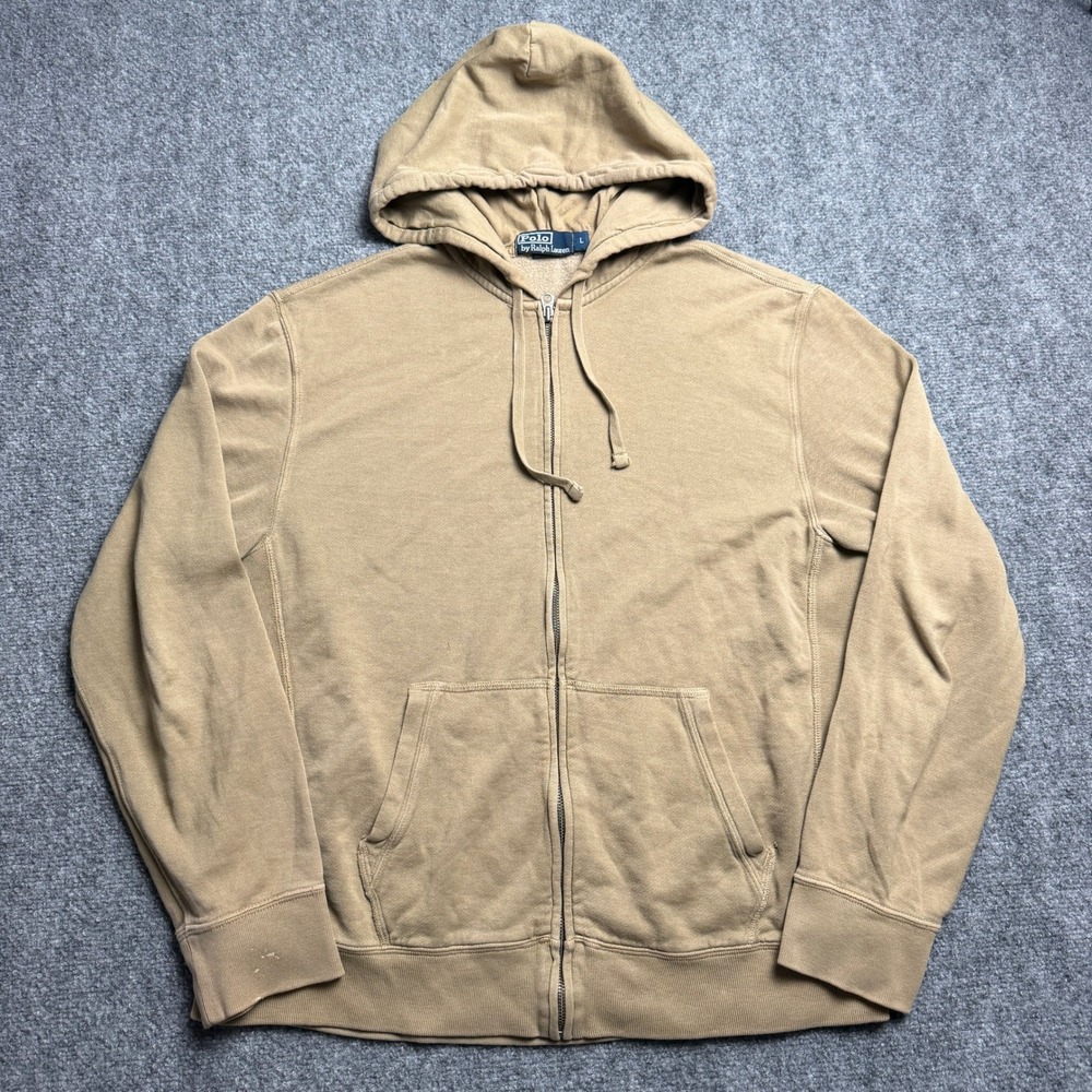 Polo Ralph Lauren Mens Tan Full Zip Hoodie Khaki Fleece Sweatshirt Large